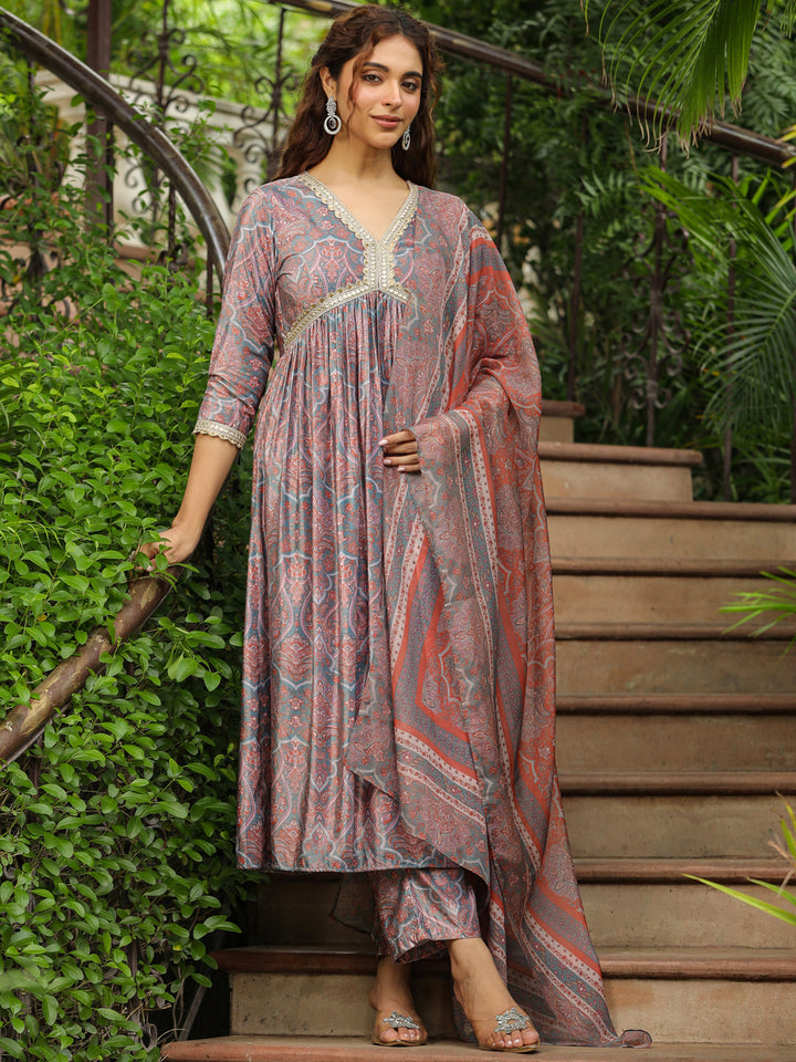 Light Blue Velvet Paisley A-Line Kurta Set  - By Janasya