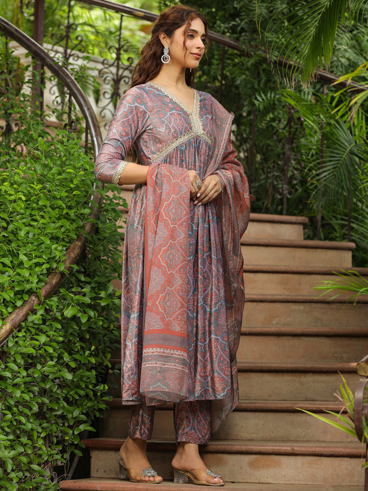 Light Blue Velvet Paisley A-Line Kurta Set  - By Janasya