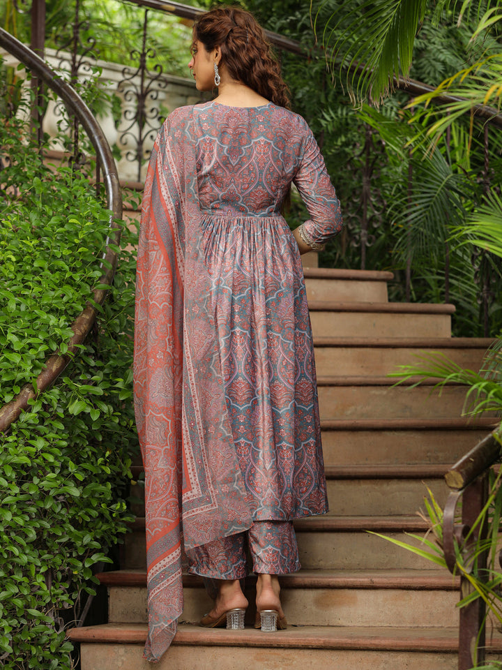 Light Blue Velvet Paisley A-Line Kurta Set  - By Janasya