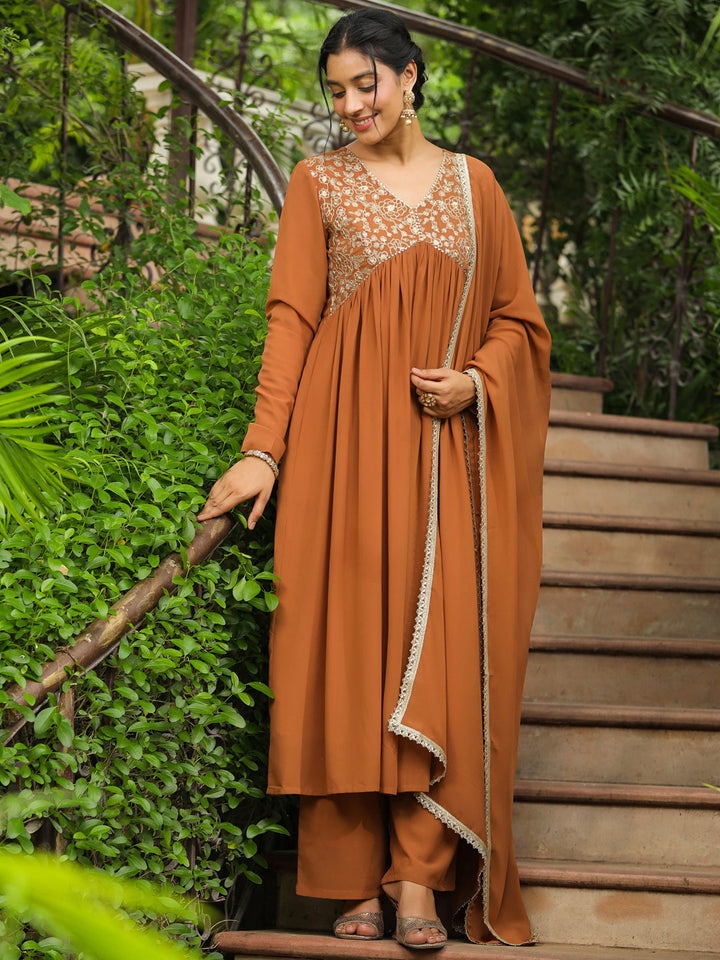 Brown Georgette Yoke Embroidered A-Line Kurta Set  - By Janasya