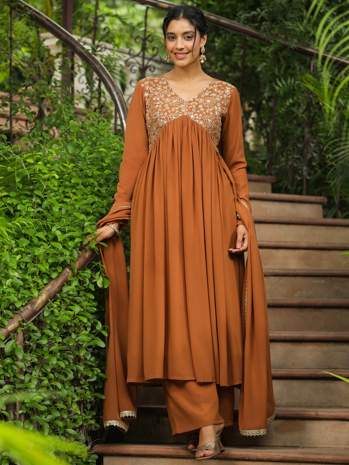 Brown Georgette Yoke Embroidered A-Line Kurta Set  - By Janasya