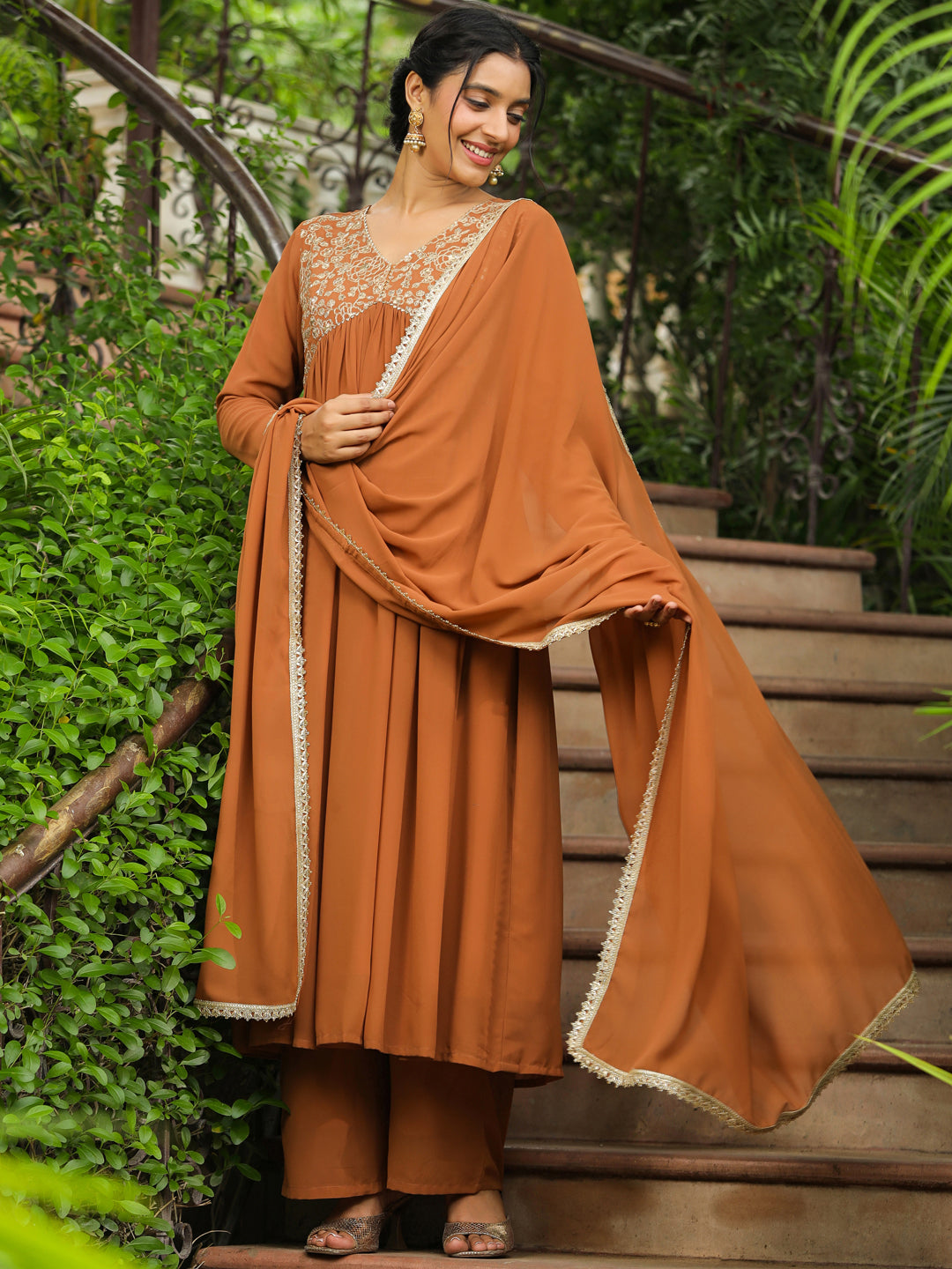 Brown Georgette Yoke Embroidered A-Line Kurta Set  - By Janasya