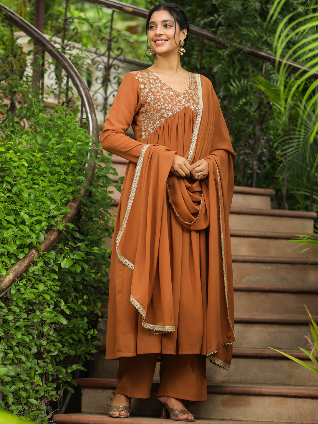 Brown Georgette Yoke Embroidered A-Line Kurta Set  - By Janasya