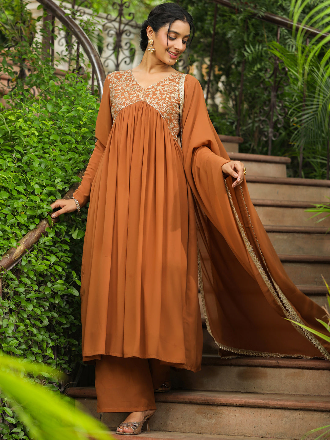 Brown Georgette Yoke Embroidered A-Line Kurta Set  - By Janasya