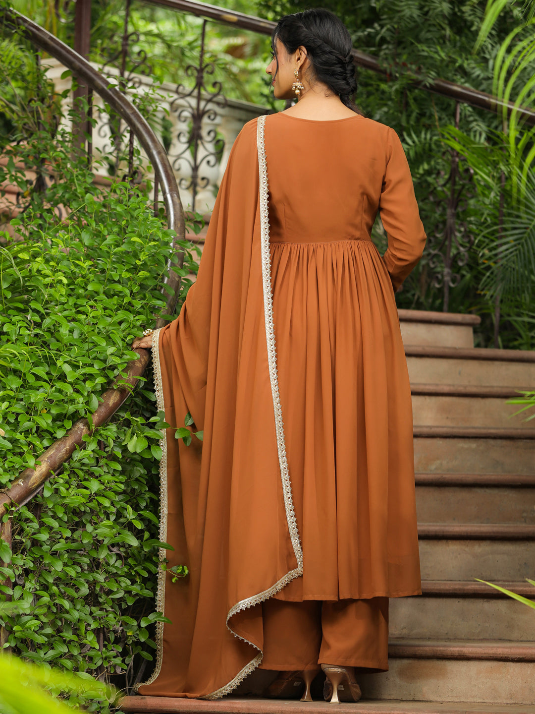 Brown Georgette Yoke Embroidered A-Line Kurta Set  - By Janasya