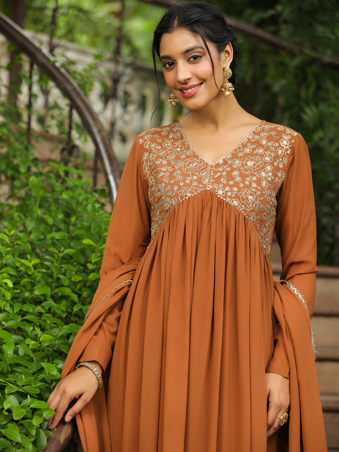 Brown Georgette Yoke Embroidered A-Line Kurta Set  - By Janasya