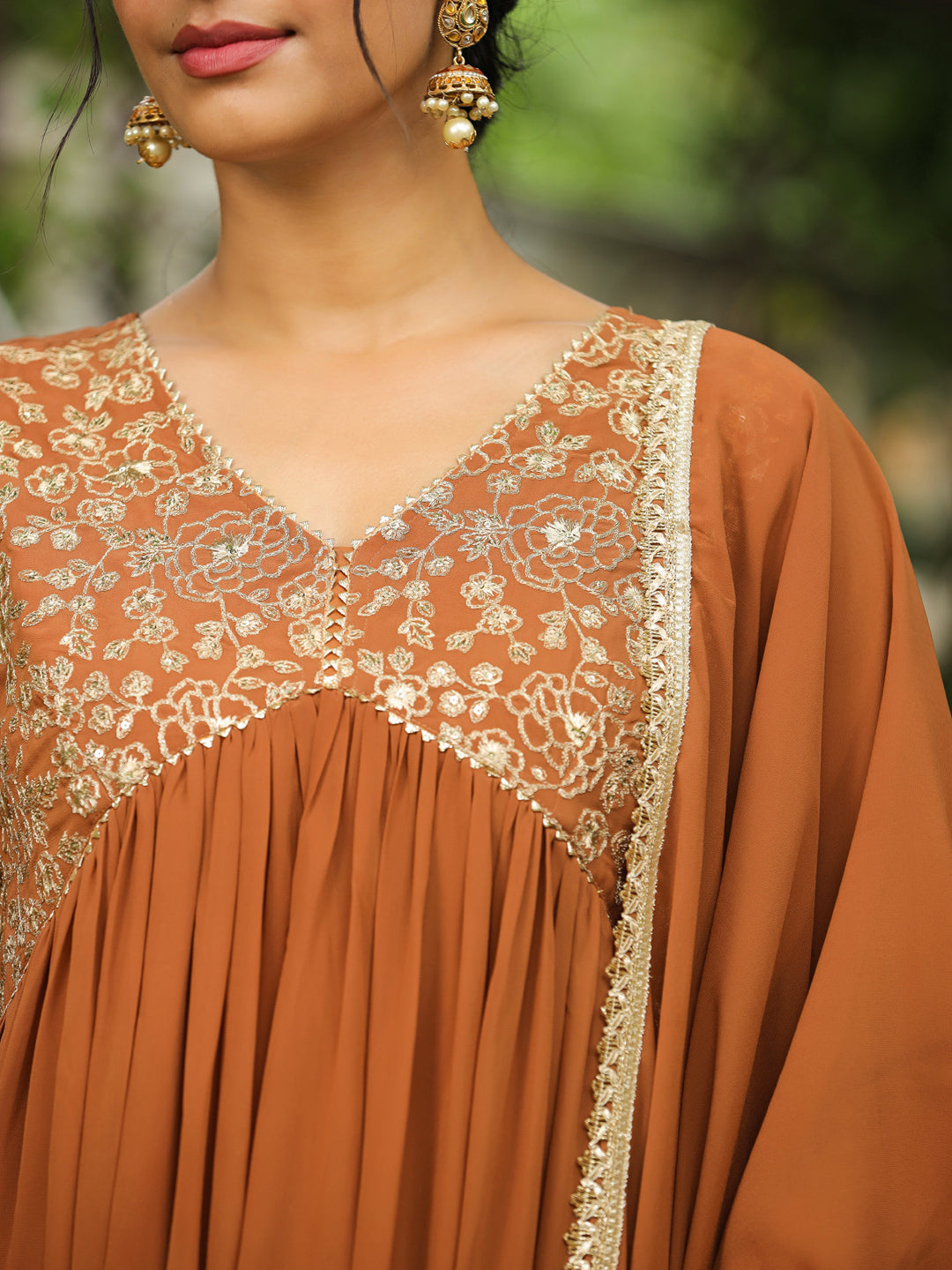 Brown Georgette Yoke Embroidered A-Line Kurta Set  - By Janasya