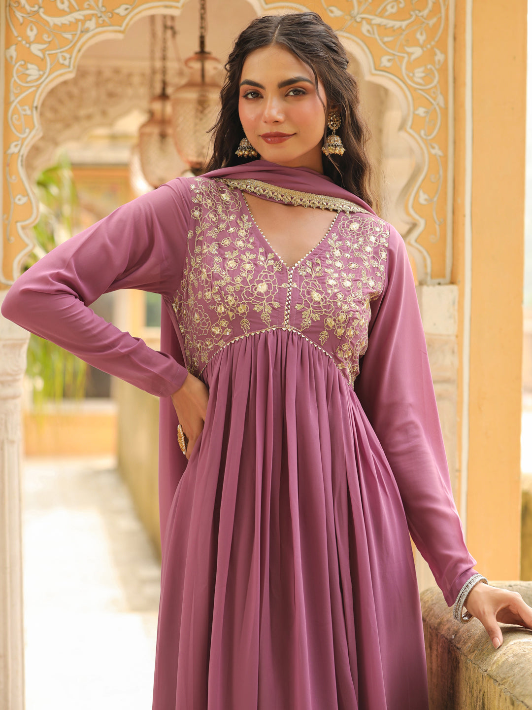 Lavender Georgette Yoke Embroidered A-Line Kurta Set  - By Janasya