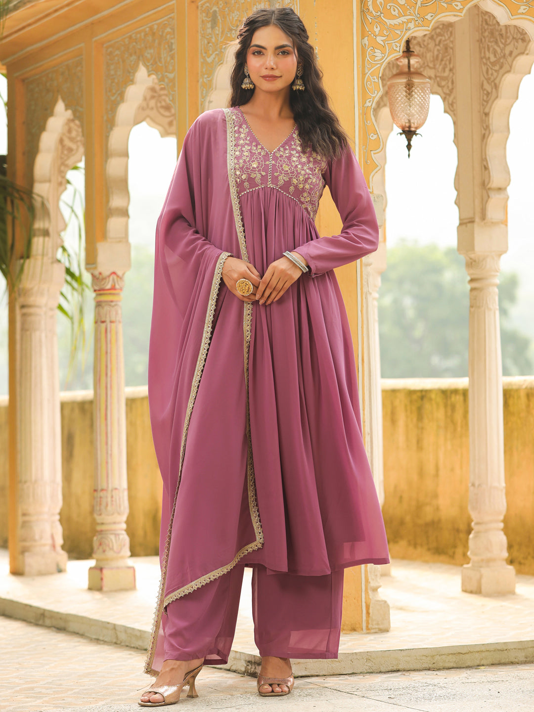 Lavender Georgette Yoke Embroidered A-Line Kurta Set  - By Janasya