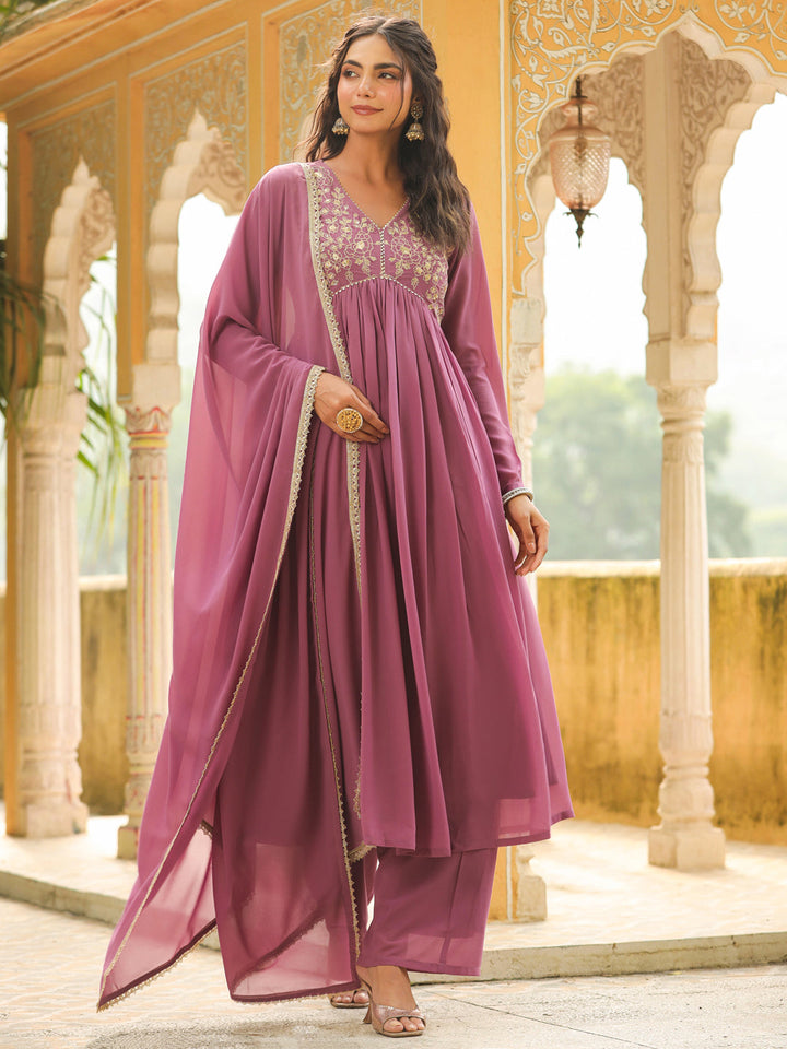 Lavender Georgette Yoke Embroidered A-Line Kurta Set  - By Janasya