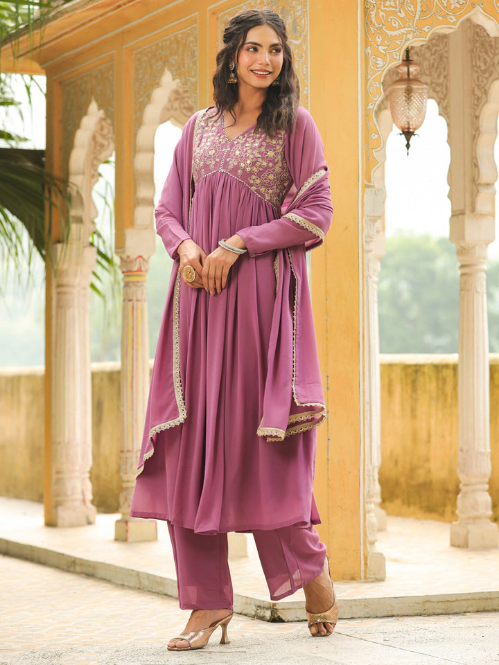 Lavender Georgette Yoke Embroidered A-Line Kurta Set  - By Janasya