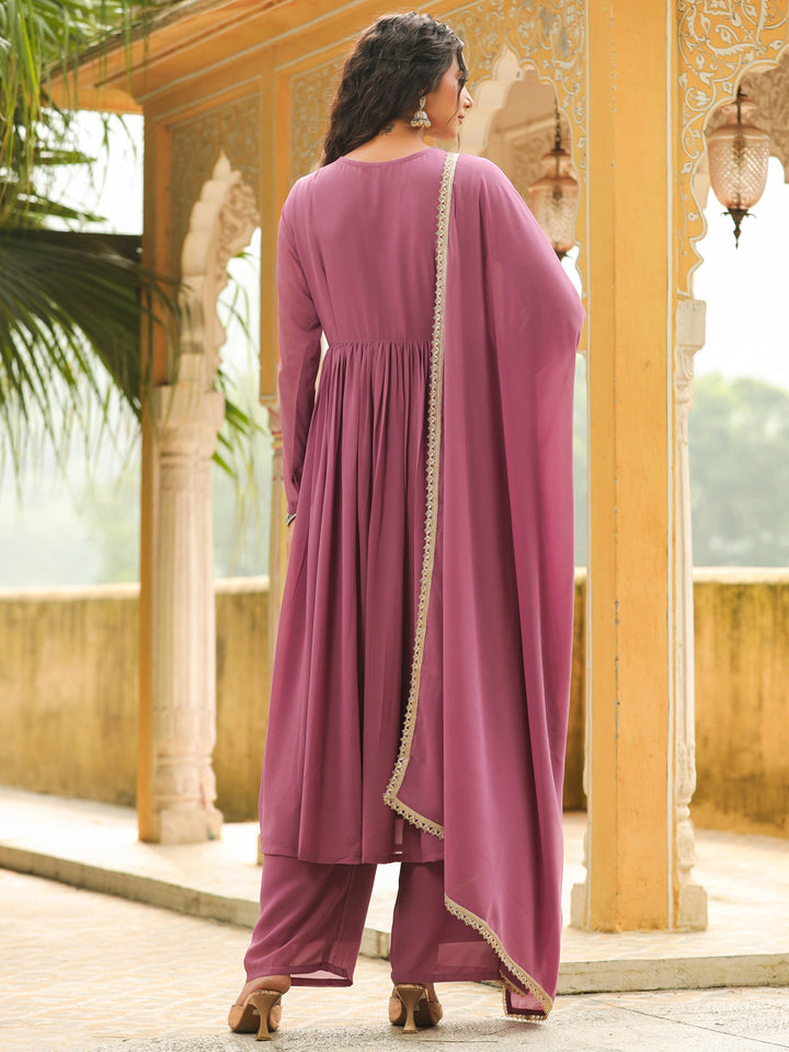 Lavender Georgette Yoke Embroidered A-Line Kurta Set  - By Janasya