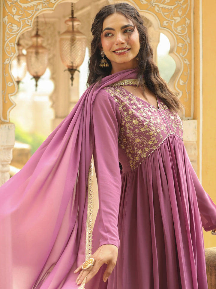 Lavender Georgette Yoke Embroidered A-Line Kurta Set  - By Janasya