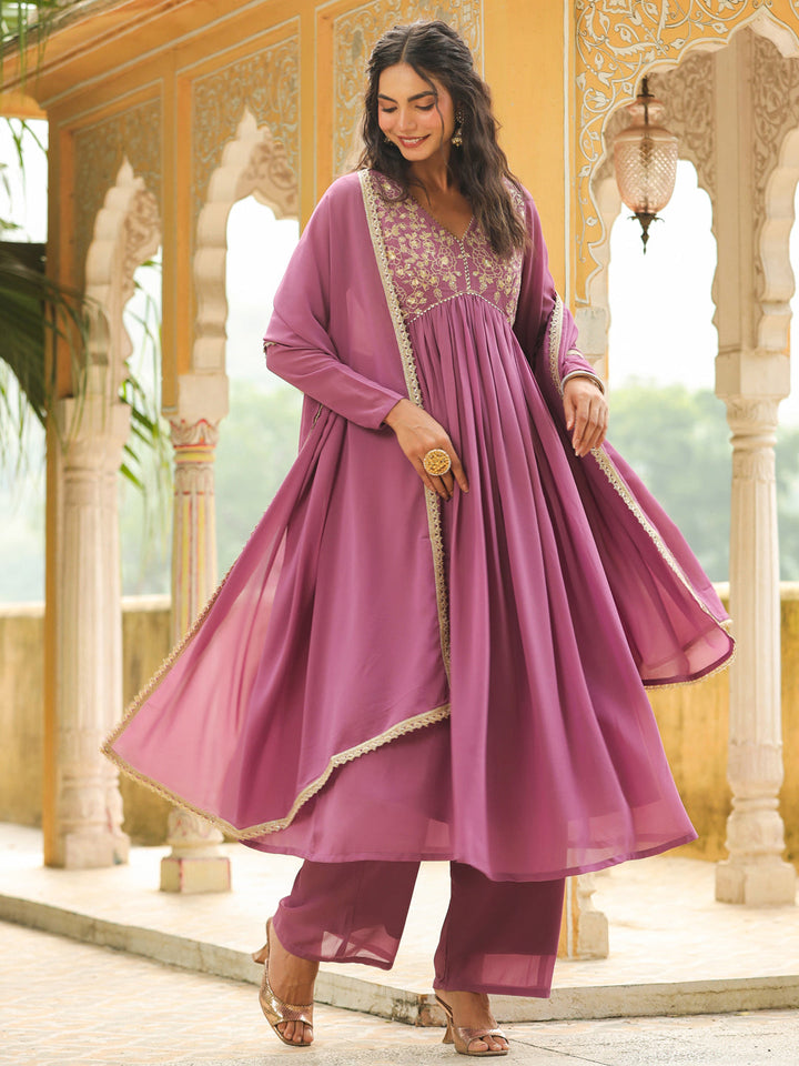 Lavender Georgette Yoke Embroidered A-Line Kurta Set  - By Janasya