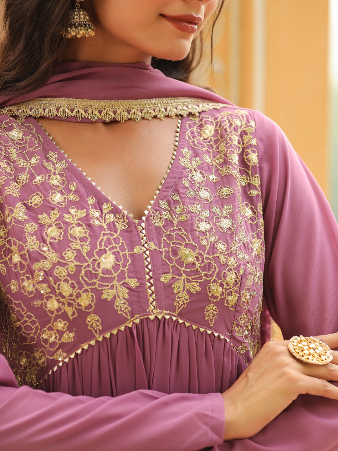 Lavender Georgette Yoke Embroidered A-Line Kurta Set  - By Janasya