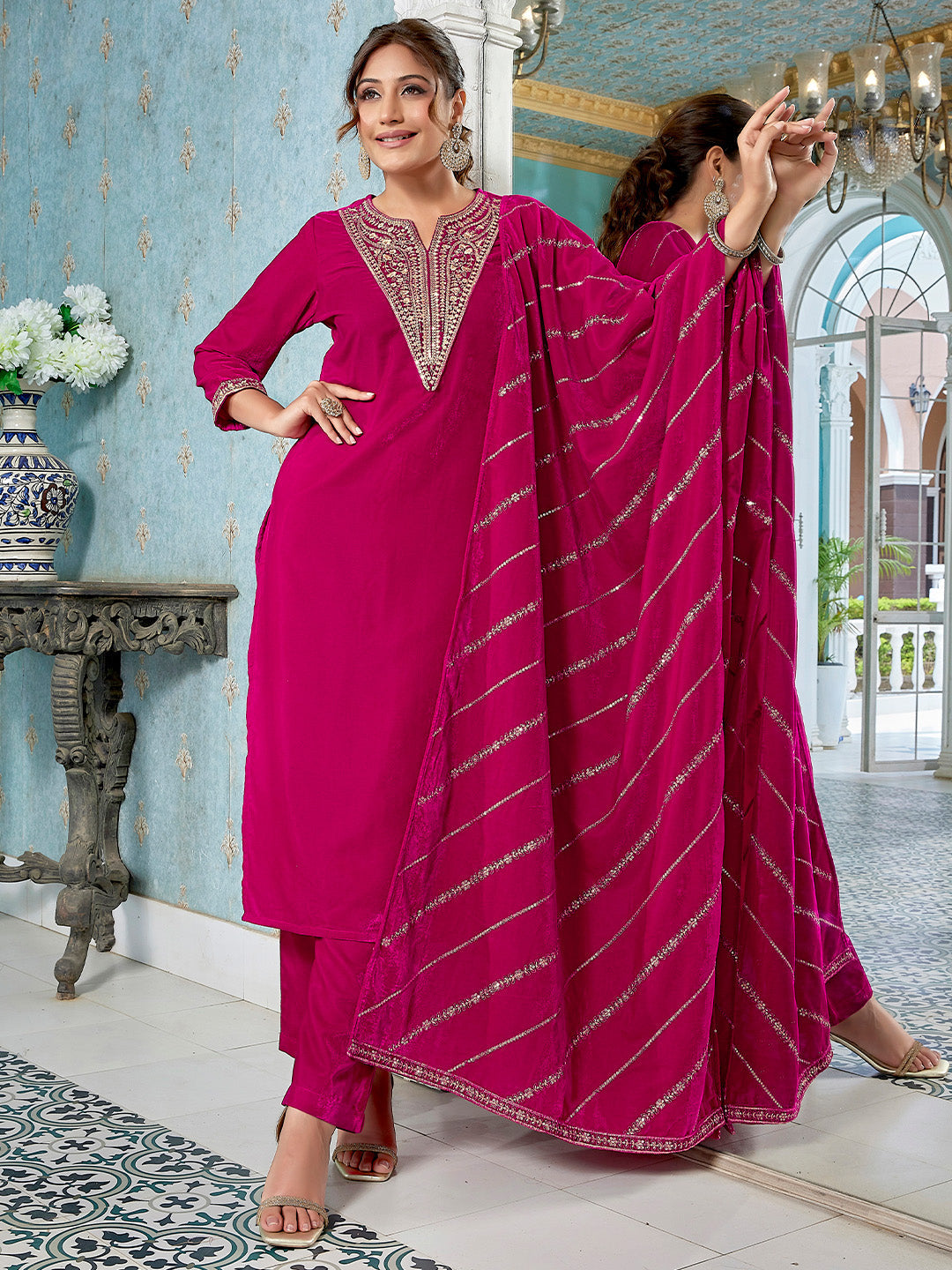 Pink Velvet Zari Embroidered Straight Kurta Set  - By Janasya