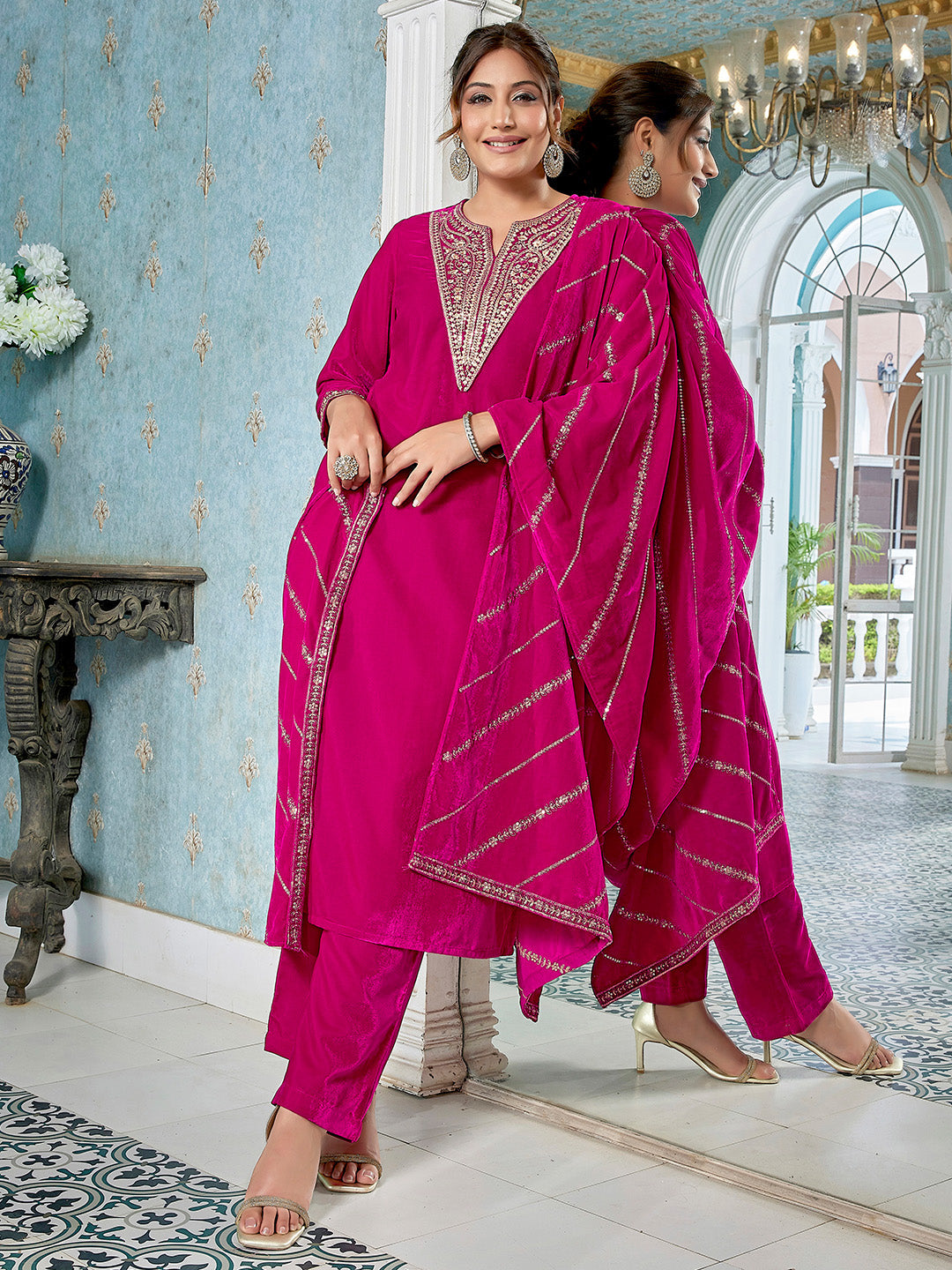 Pink Velvet Zari Embroidered Straight Kurta Set  - By Janasya