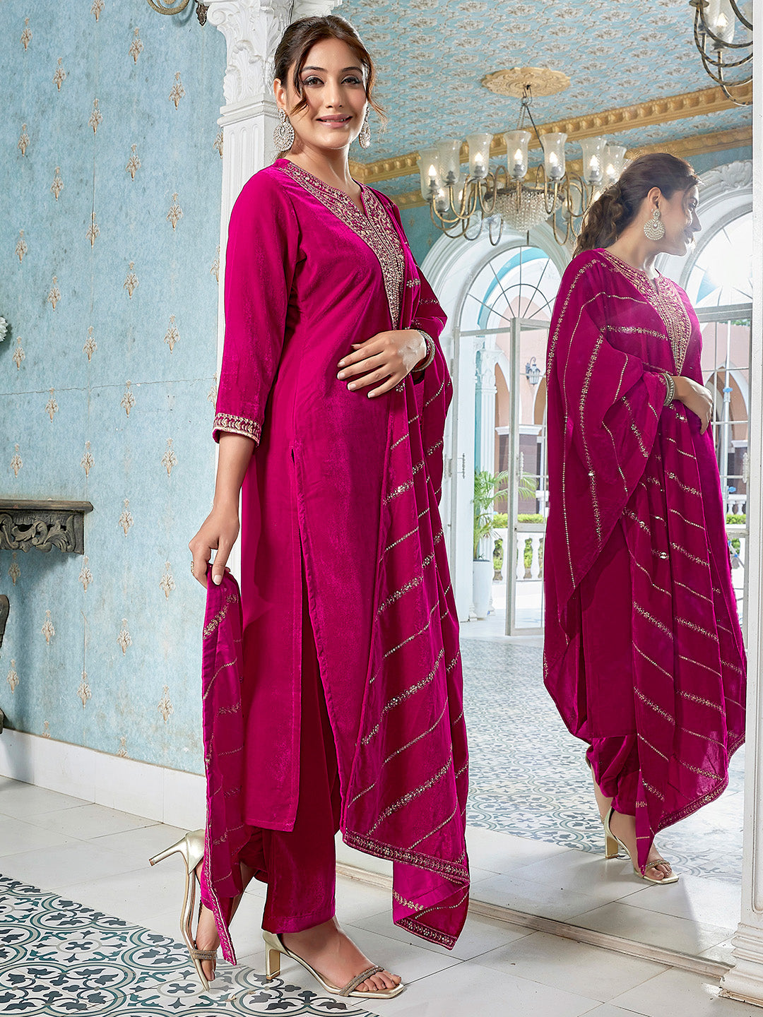 Pink Velvet Zari Embroidered Straight Kurta Set  - By Janasya