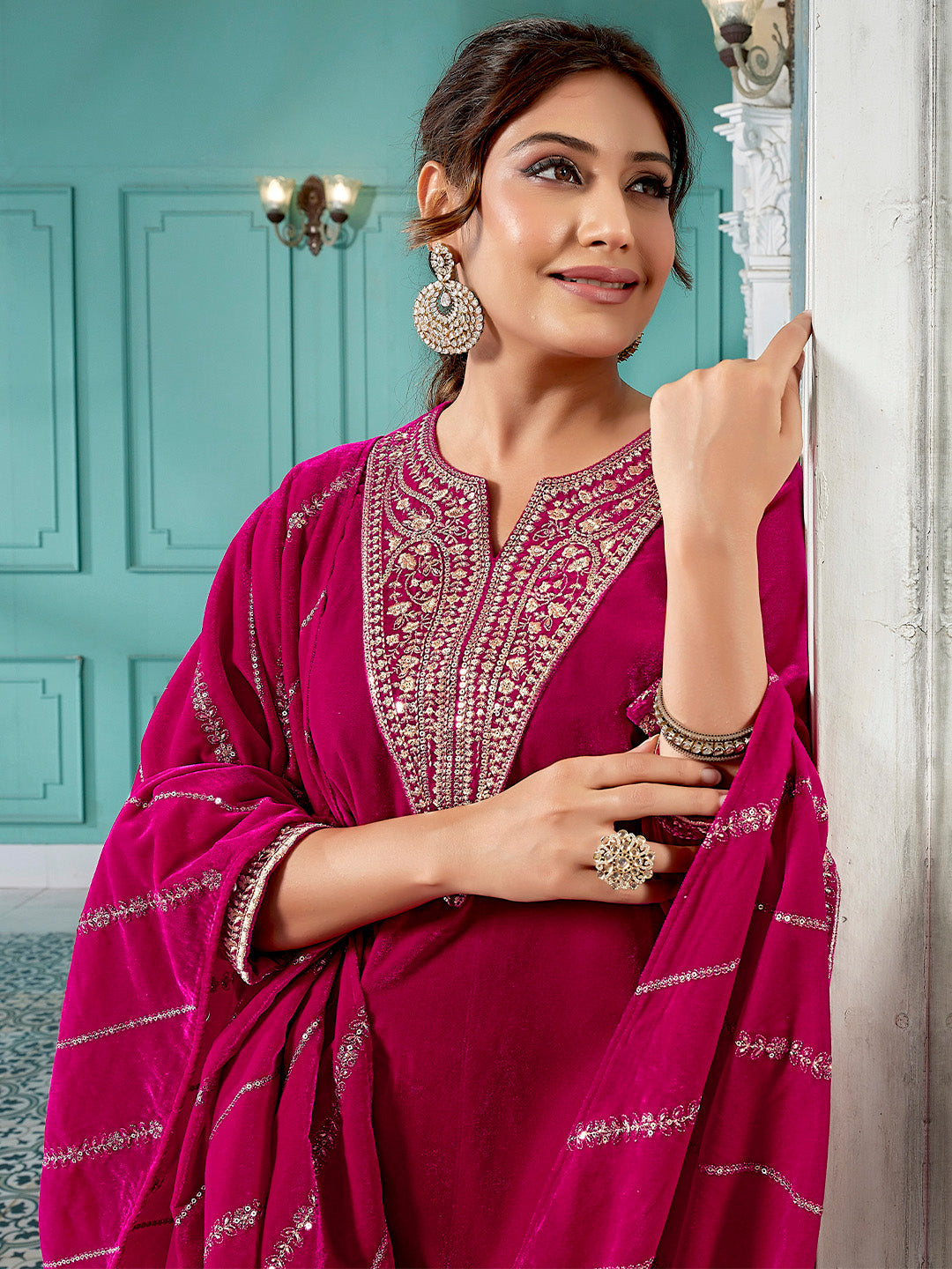 Pink Velvet Zari Embroidered Straight Kurta Set  - By Janasya