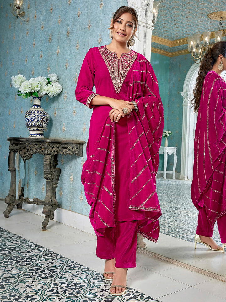 Pink Velvet Zari Embroidered Straight Kurta Set  - By Janasya