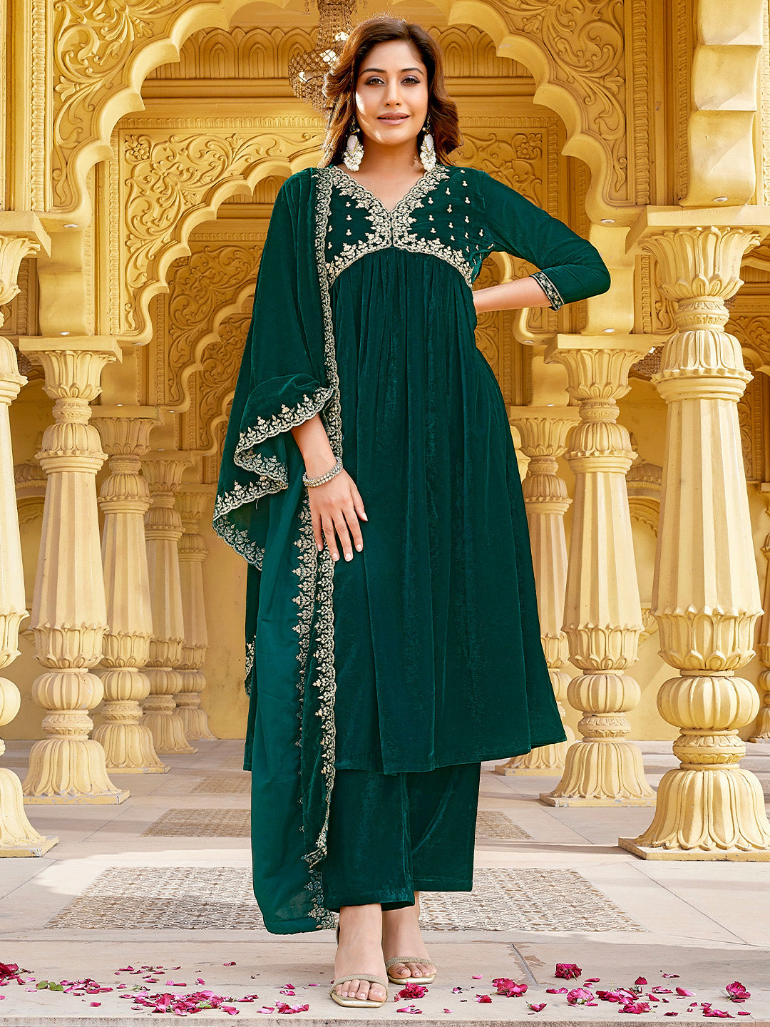 Dark Green Velvet Zari Embroidered A-Line Kurta with Pant & Dupatta Set  - By Janasya