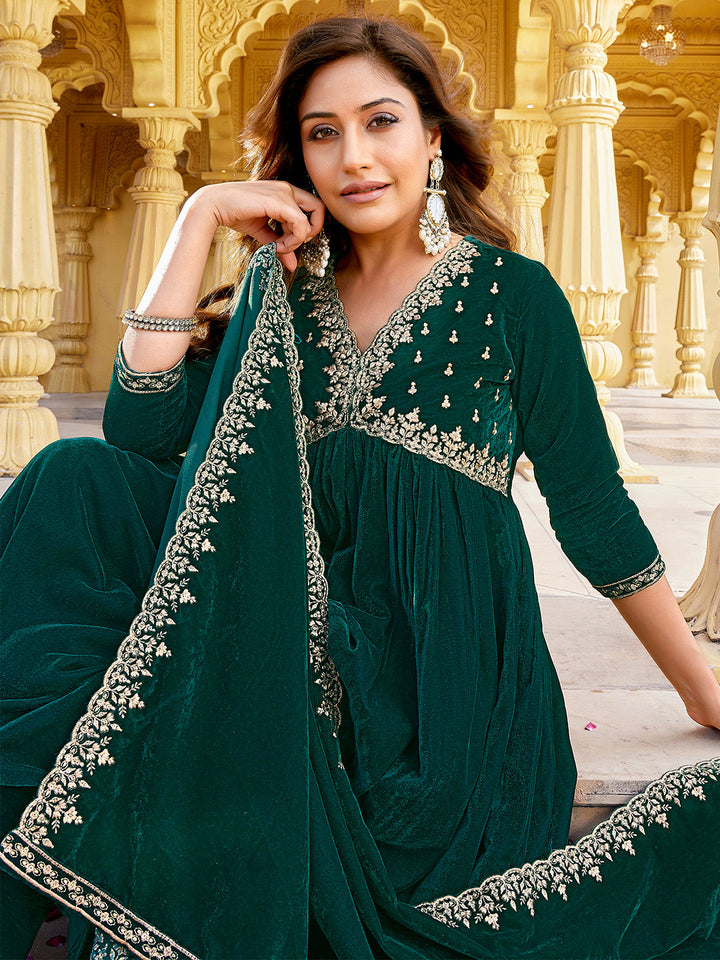 Dark Green Velvet Zari Embroidered A-Line Kurta with Pant & Dupatta Set  - By Janasya