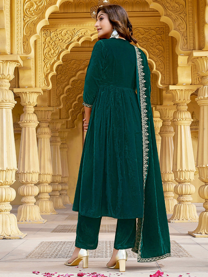 Dark Green Velvet Zari Embroidered A-Line Kurta with Pant & Dupatta Set  - By Janasya