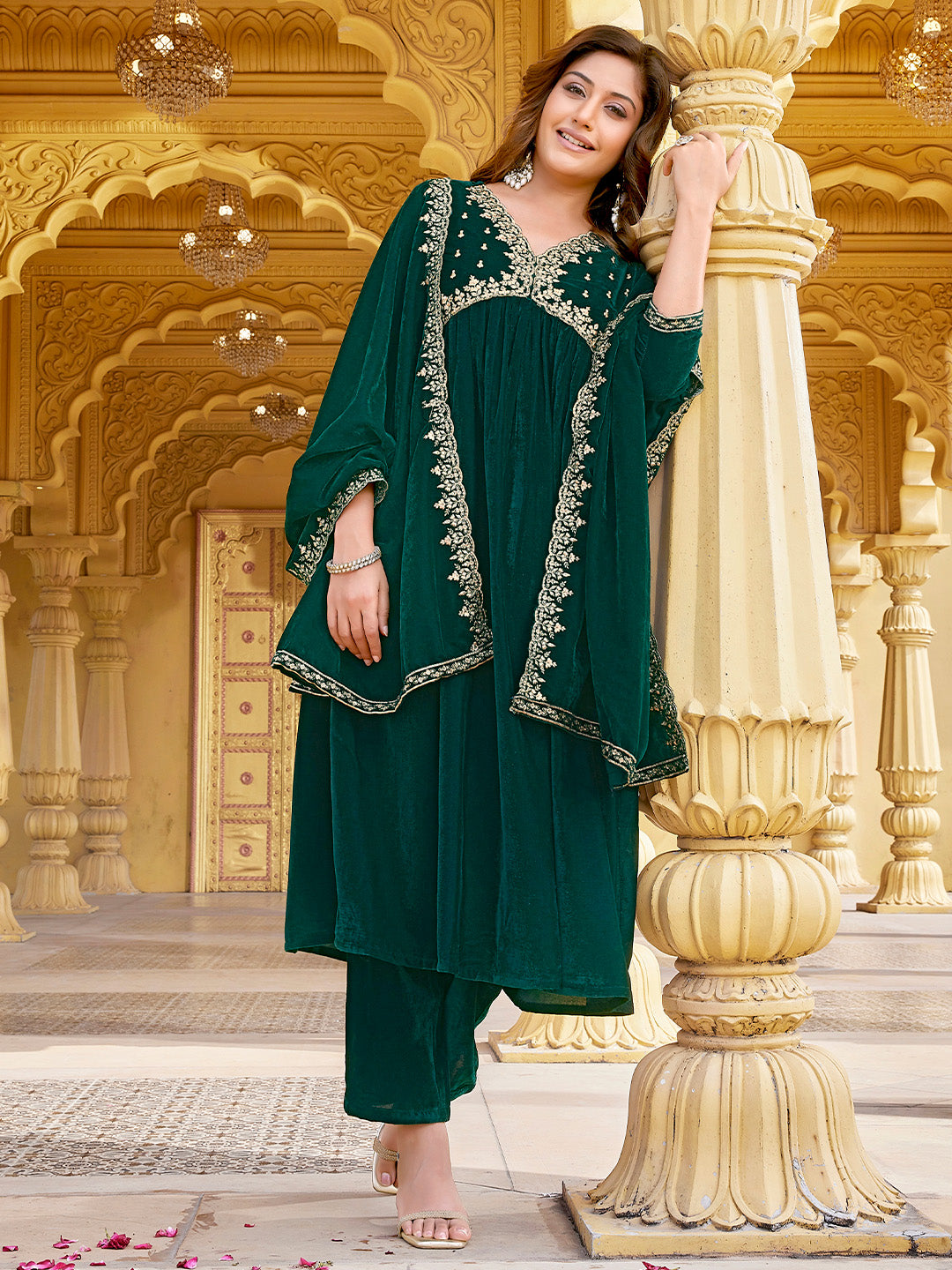 Dark Green Velvet Zari Embroidered A-Line Kurta with Pant & Dupatta Set  - By Janasya