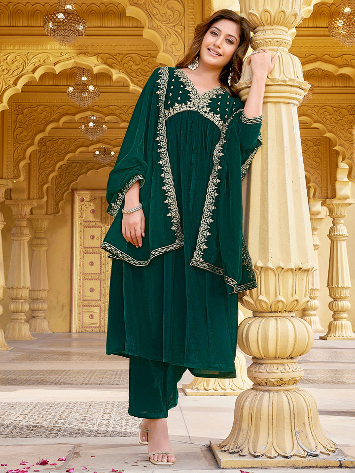 Dark Green Velvet Zari Embroidered A-Line Kurta with Pant & Dupatta Set  - By Janasya