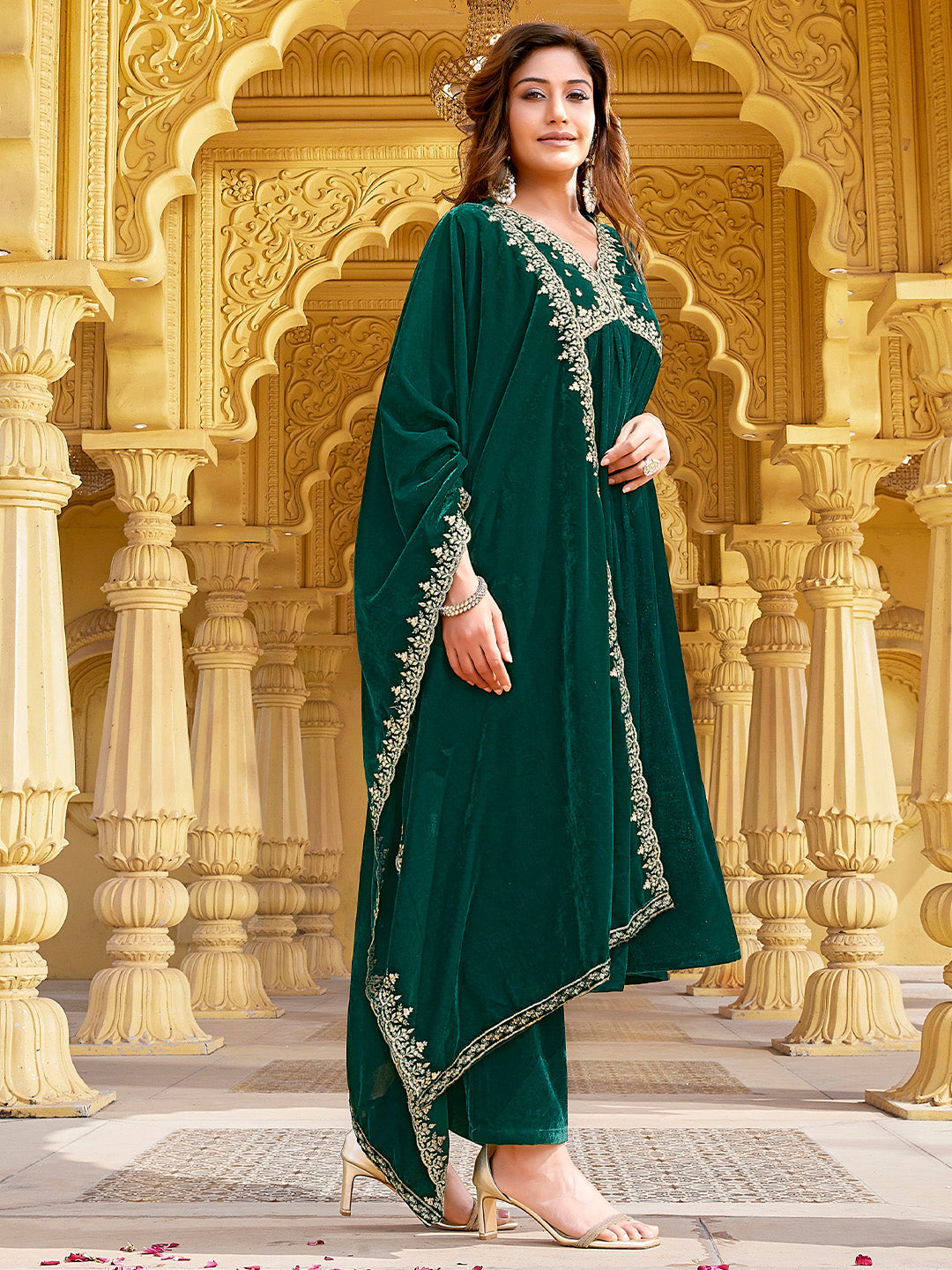 Dark Green Velvet Zari Embroidered A-Line Kurta with Pant & Dupatta Set  - By Janasya