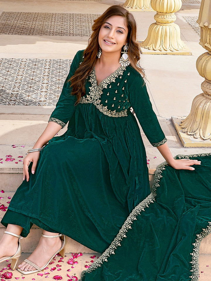 Dark Green Velvet Zari Embroidered A-Line Kurta with Pant & Dupatta Set  - By Janasya