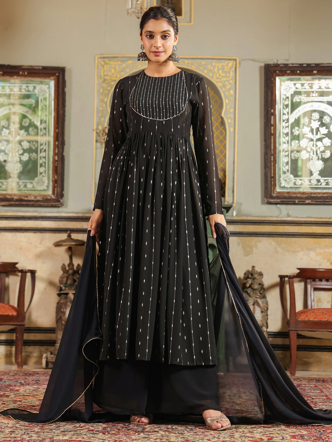 Black Georgette Foil Printed Anarkali Kurta Set  - By Janasya