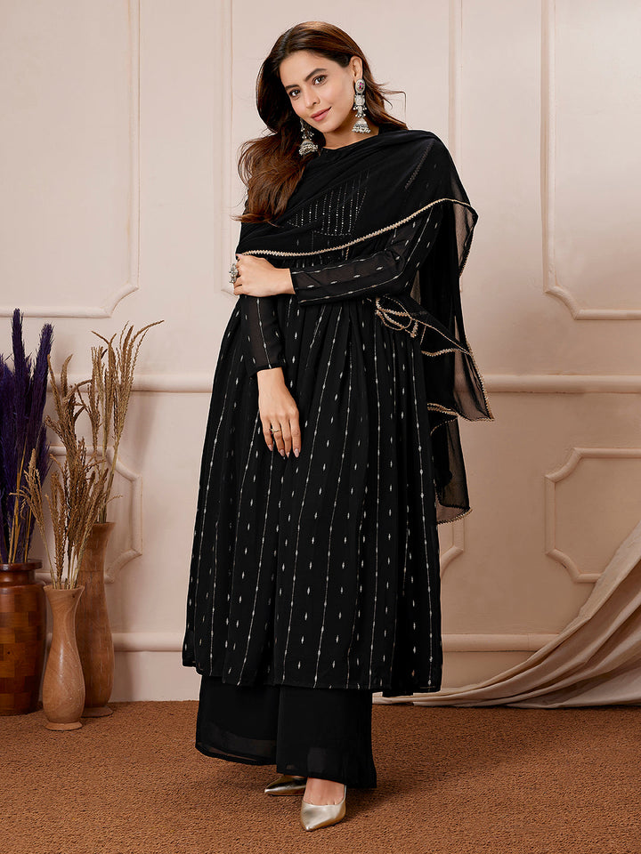 Black Georgette Foil Printed Anarkali Kurta Set  - By Janasya