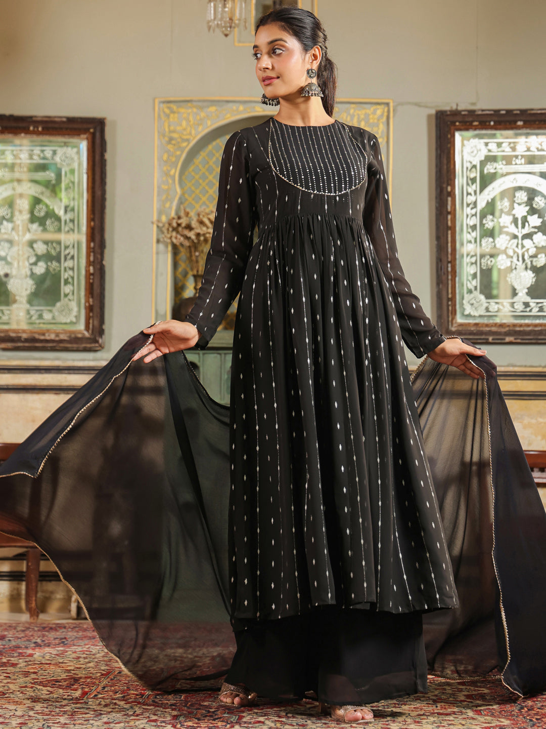 Black Georgette Foil Printed Anarkali Kurta Set  - By Janasya