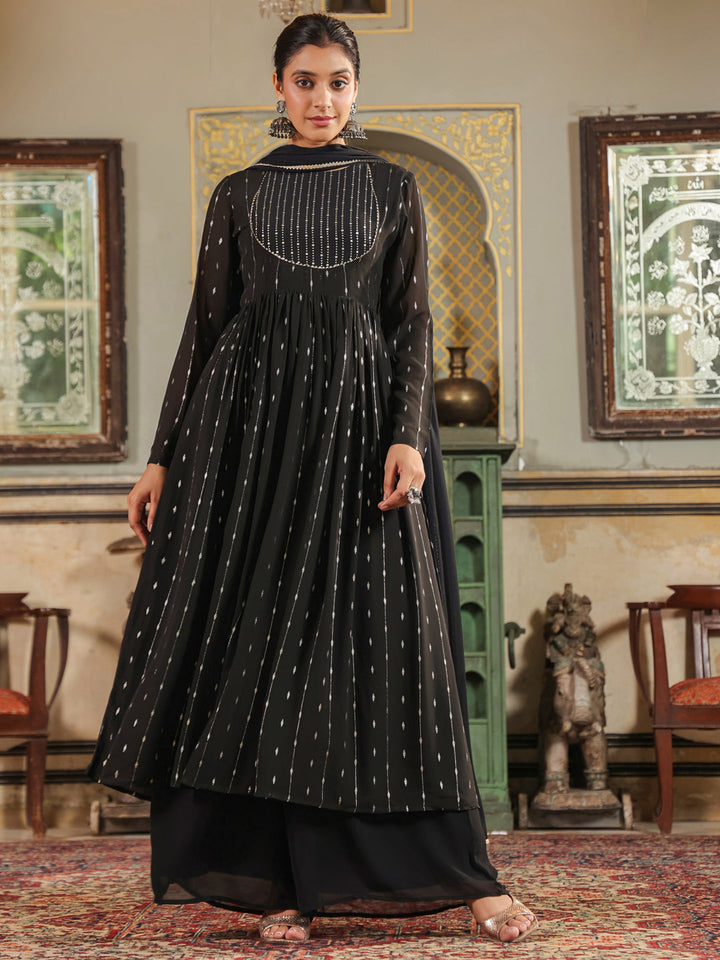 Black Georgette Foil Printed Anarkali Kurta Set  - By Janasya