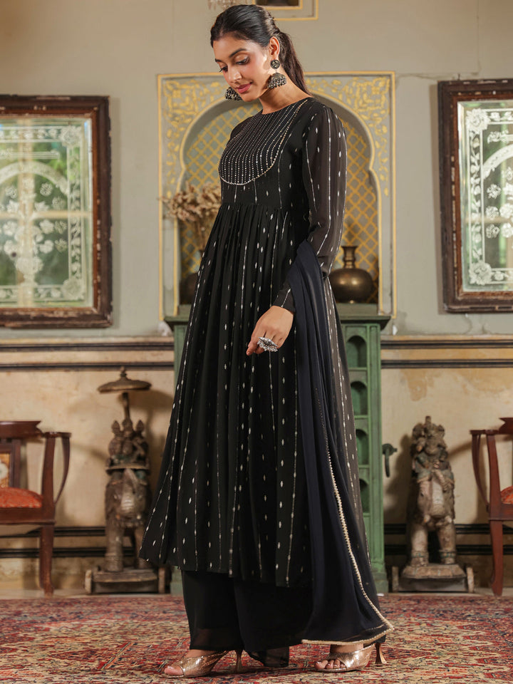 Black Georgette Foil Printed Anarkali Kurta Set  - By Janasya