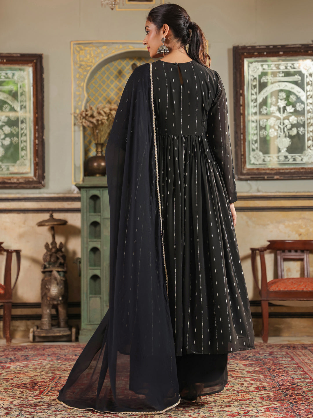 Black Georgette Foil Printed Anarkali Kurta Set  - By Janasya