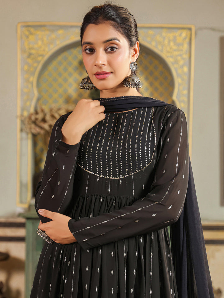 Black Georgette Foil Printed Anarkali Kurta Set  - By Janasya