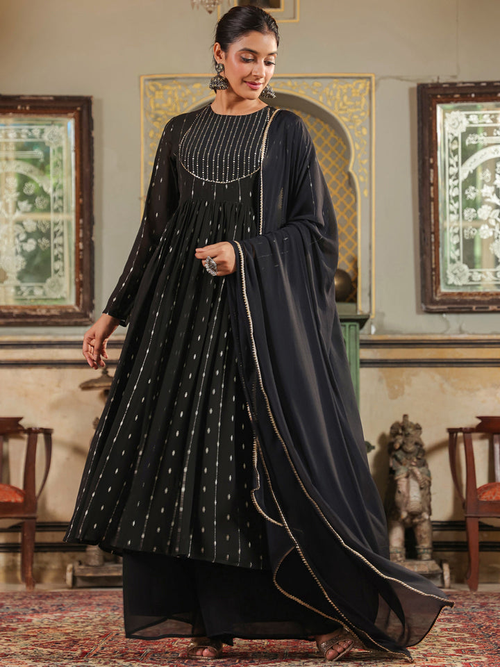 Black Georgette Foil Printed Anarkali Kurta Set  - By Janasya