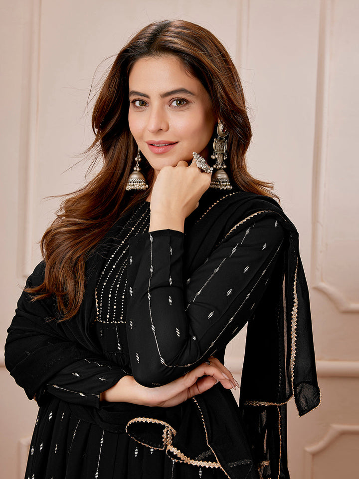 Black Georgette Foil Printed Anarkali Kurta Set  - By Janasya