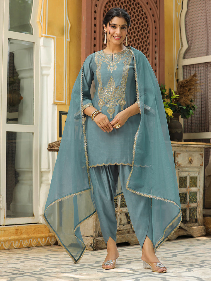 Sage Green Silk Blend Embroidered Straight Kurta Set  - By Janasya