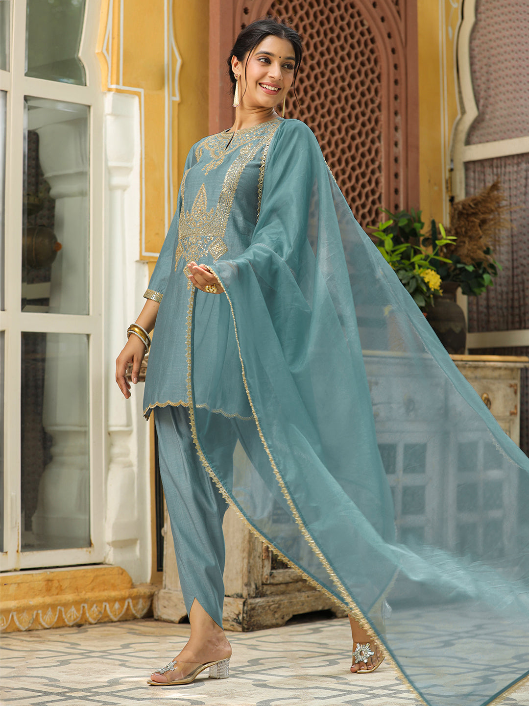 Sage Green Silk Blend Embroidered Straight Kurta Set  - By Janasya