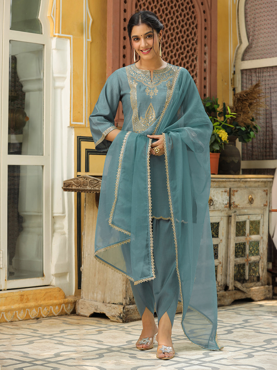 Sage Green Silk Blend Embroidered Straight Kurta Set  - By Janasya