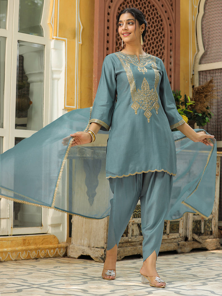 Sage Green Silk Blend Embroidered Straight Kurta Set  - By Janasya