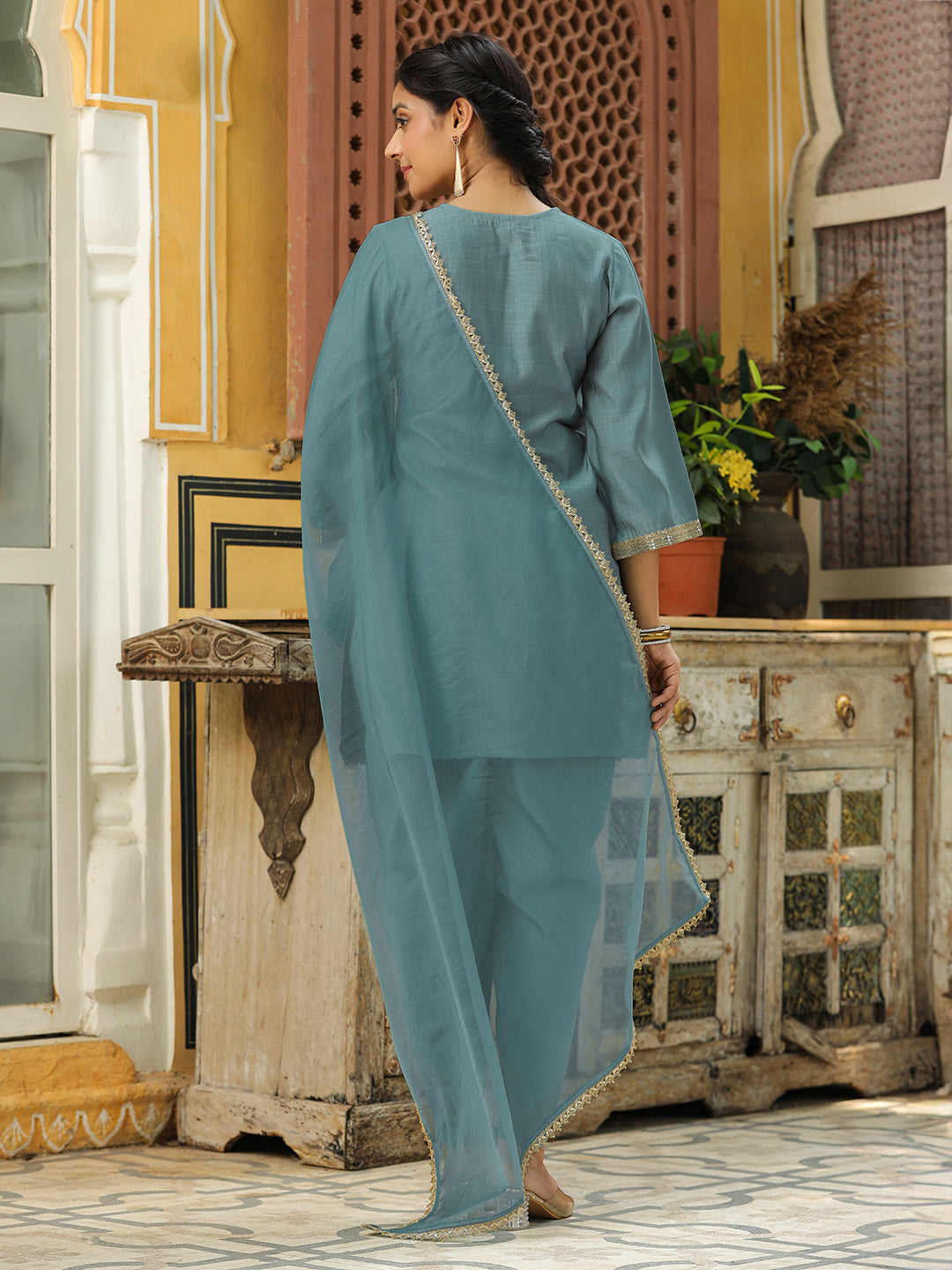 Sage Green Silk Blend Embroidered Straight Kurta Set  - By Janasya