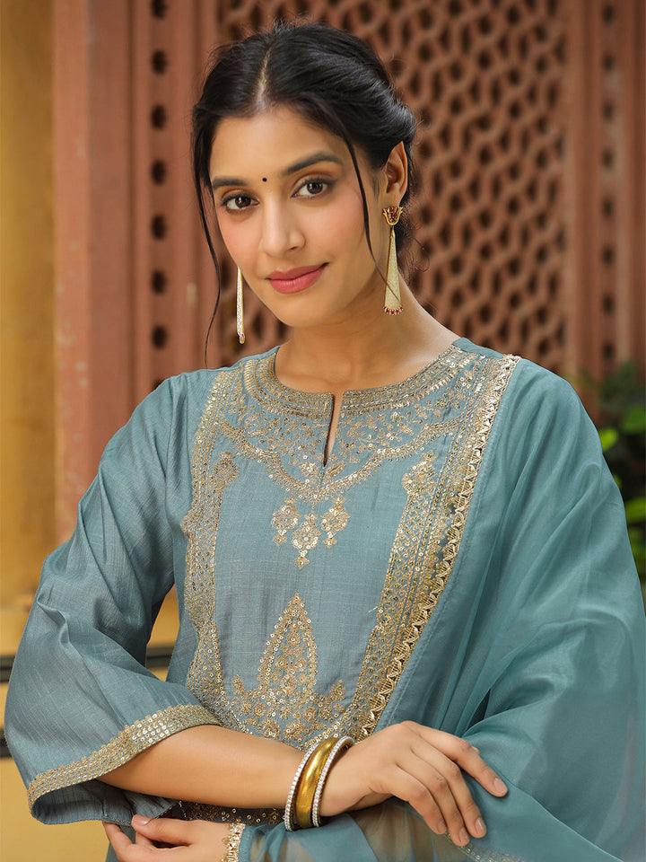 Sage Green Silk Blend Embroidered Straight Kurta Set  - By Janasya