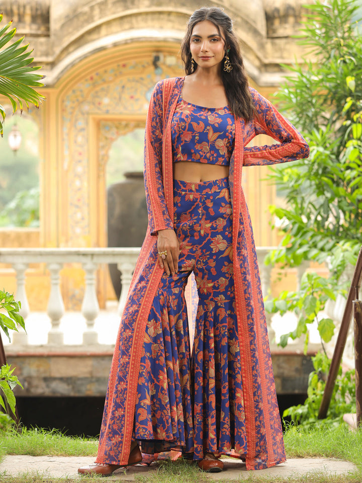 Navy Blue Georgette Floral Printed Co-Ord Set  - By Janasya