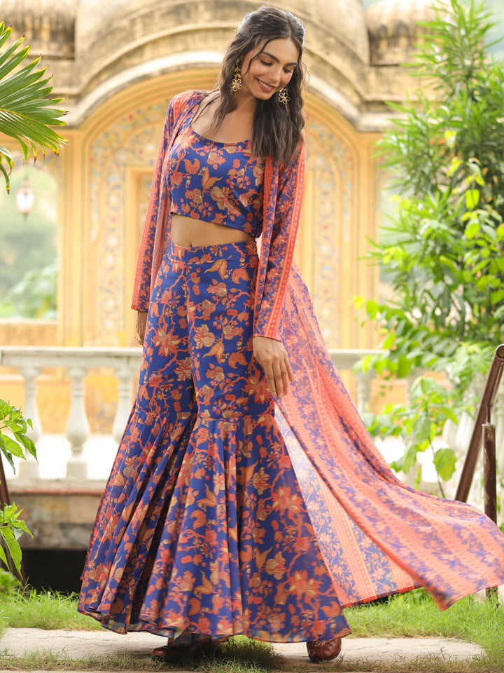 Navy Blue Georgette Floral Printed Co-Ord Set  - By Janasya