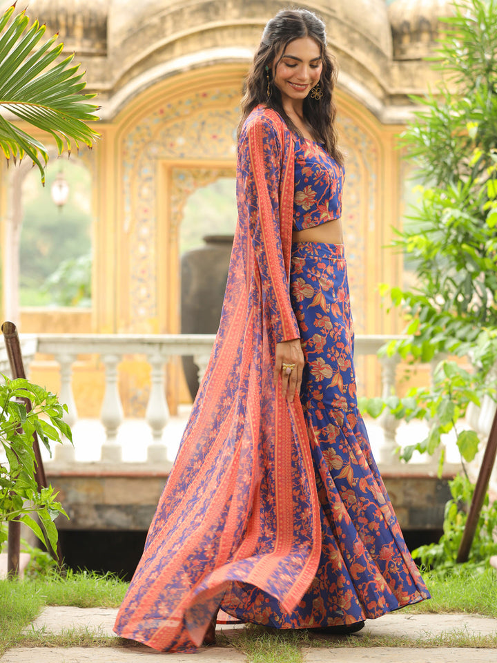 Navy Blue Georgette Floral Printed Co-Ord Set  - By Janasya