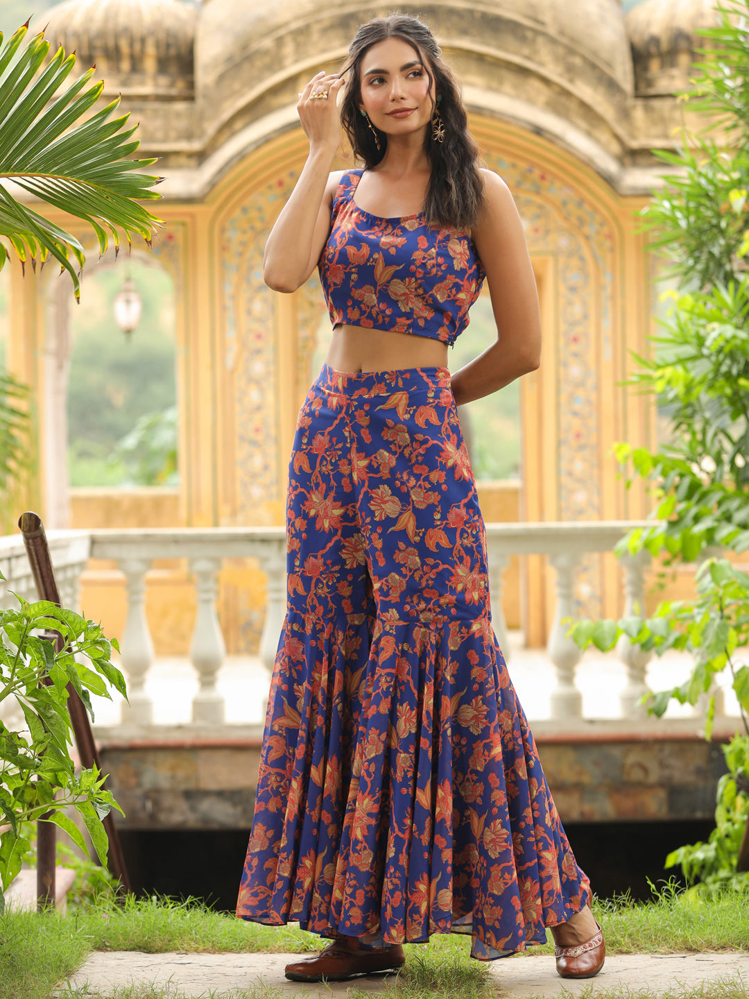 Navy Blue Georgette Floral Printed Co-Ord Set  - By Janasya